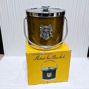 Vintage Ice Bucket Star Lid Marbled Gold Plastic MCM Coat of‎ Arms NOS